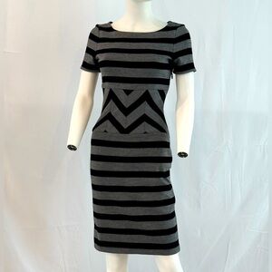 BCBG MaxAzria Roslyn Belted Gray Striped Trimmed A-line Dress
